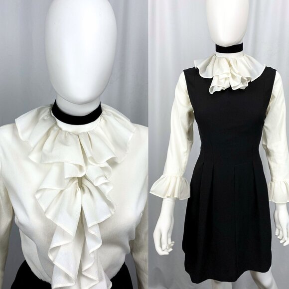 Vintage 60s ruffle dandy mod ivory button-up blouse small medium - Picture 1 of 6